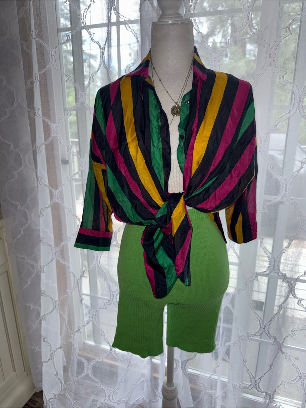 Nanushka Knit Biker Shorts XS & Geraldina Silk Striped Blouse S Set NWOT Rare